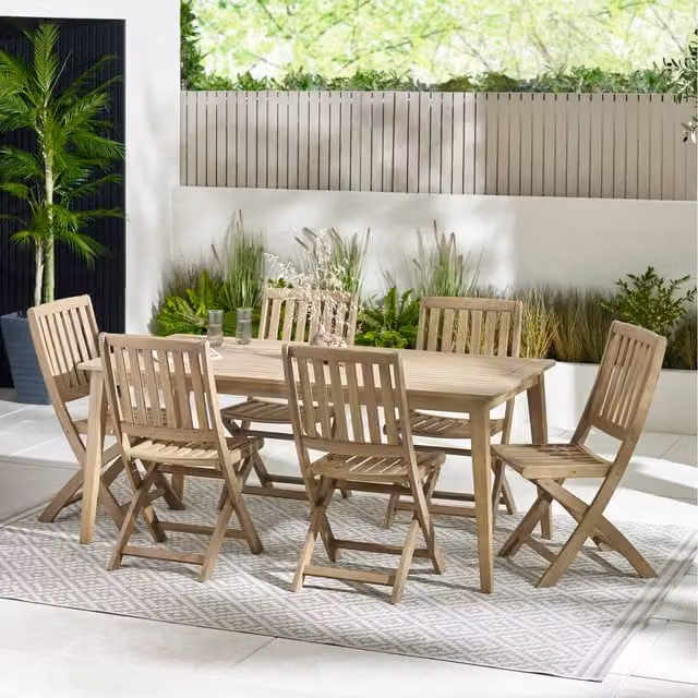 FurnitureboxUK Rustic Acacia Wood Outdoor Dining Set with Rectangular Table and 7 Chairs in Natural Brown