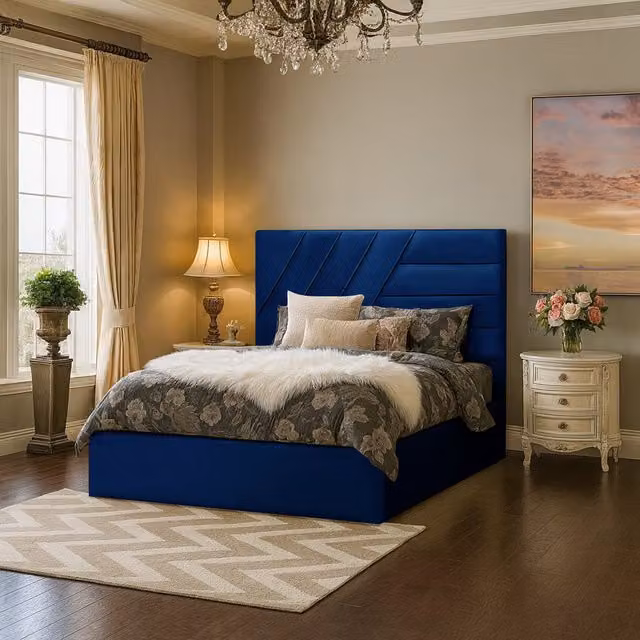Desire Deco Eleonora Single Bed Frame in Blue Velvet Upholstered W/D/H: 90 x 190 cm