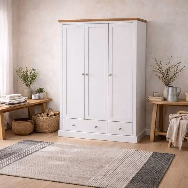 Wyld Haus Ardee 3 Door Wardrobe with 3 Internal Drawers in White and Natural Oak, H 181.5 x W 112.9 x D 56 cm