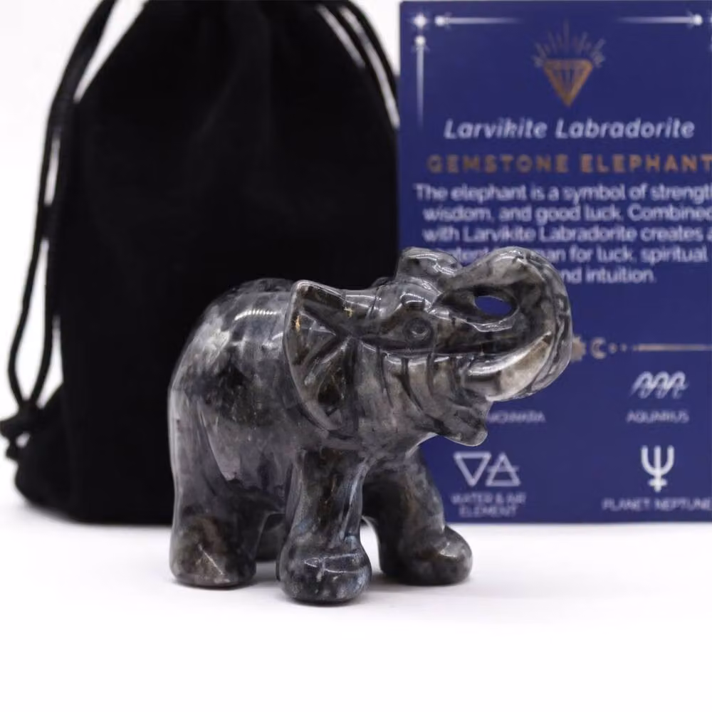 KDMD Hand-Carved Larvikite Labradorite Lucky Elephant Gemstone Tabletop Decor in Black – 3