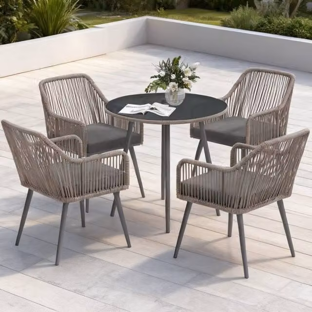 ERGOVEXA 4 Seater Rattan Dining Set in Brown with Glass Top and Powder Coated Steel Frame
