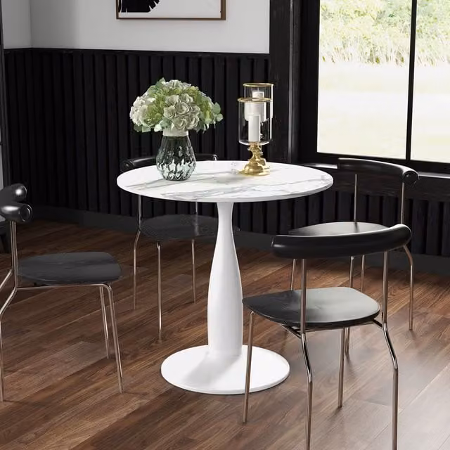 HOMCOM Round Dining Table with Glossy White Faux Marble Composite Top and Metal Central Column Base