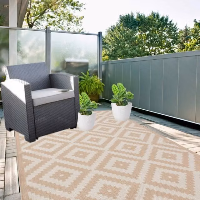 Groundlevel Easy Care Geometric Indoor Outdoor Rug in Grey, Beige and Multicolour, Width: 90 cm
