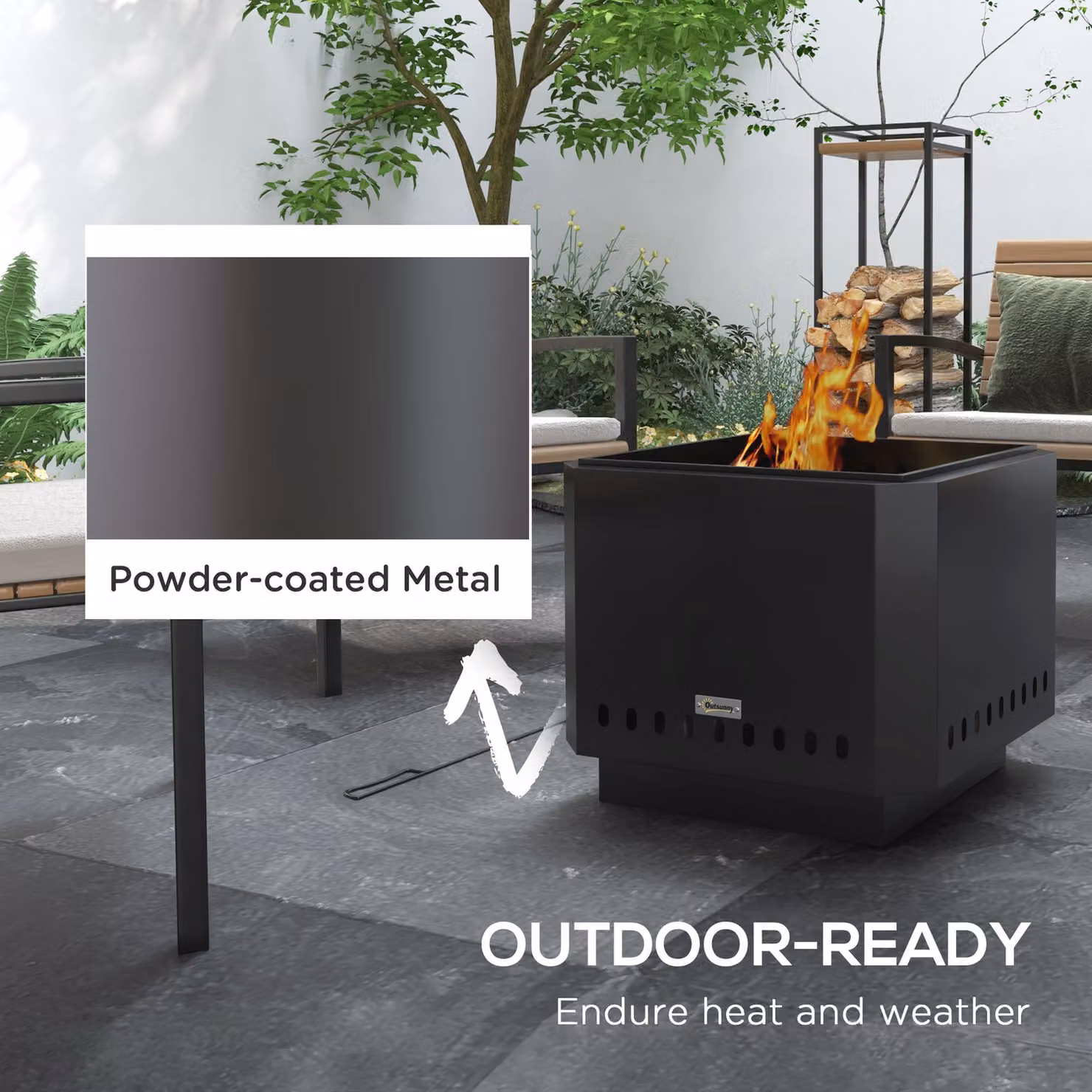 Outsunny Smokeless Wood Burning Fire Pit, Portable Square Metal Bonfire Stove with Poker, Black, W: 48 cm, D: 48 cm, H: 41 cm – 5