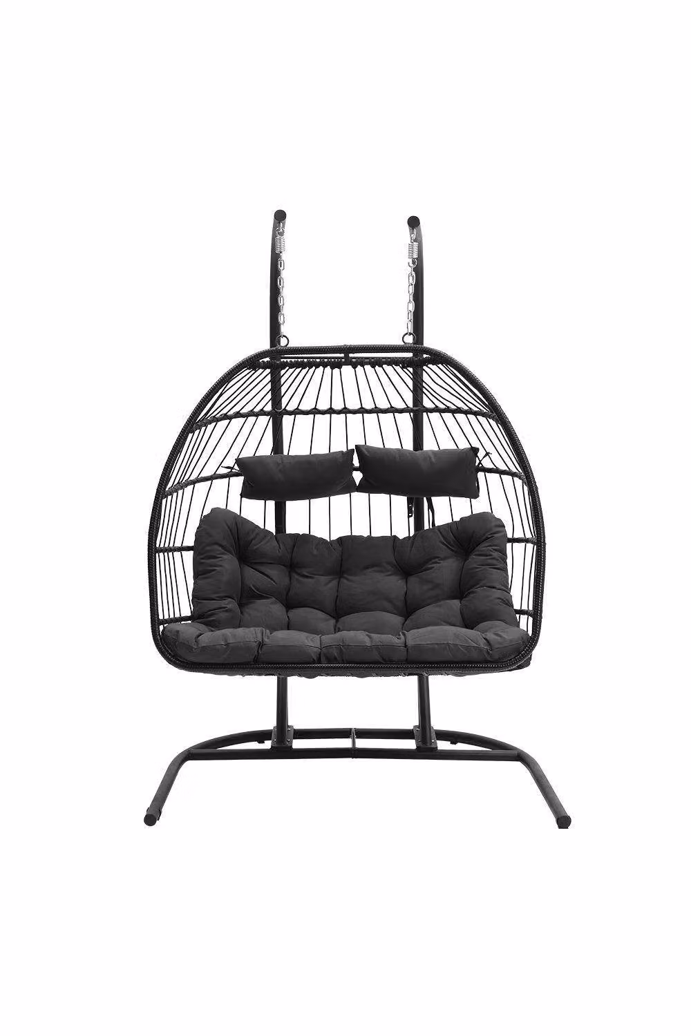 Garden Sanctuary Modern Black 2-Seater Freestanding Outdoor Hanging Egg Chair in Rattan and Metal – 2