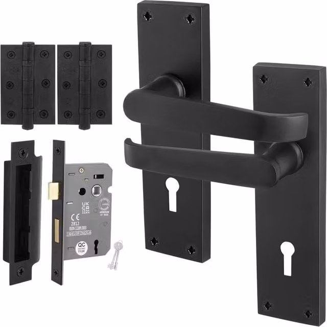 AFIT Matt Black Lock Door Handles Set, 1 Pair of Backplate Handles, W/H: 15 x 15 cm – 1