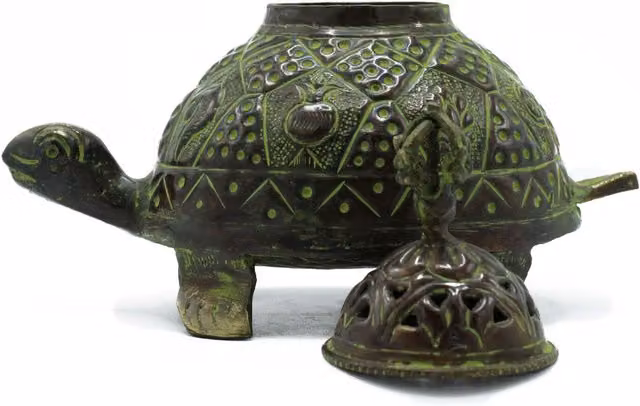 KDMK Large Brass Verdigris Tibetan Turtle Incense Holder in Green
