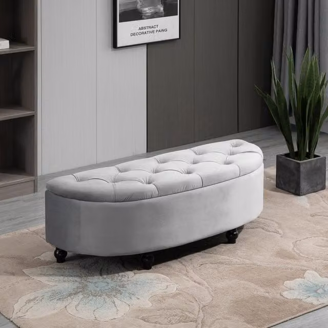 HOMCOM Semi-Circle Velvet Bed End Bench Ottoman with Storage in Grey