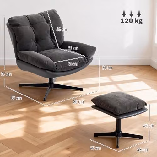 HOMCOM Modern Chenille Swivel Lounge Chair with Ottoman, Grey – 3