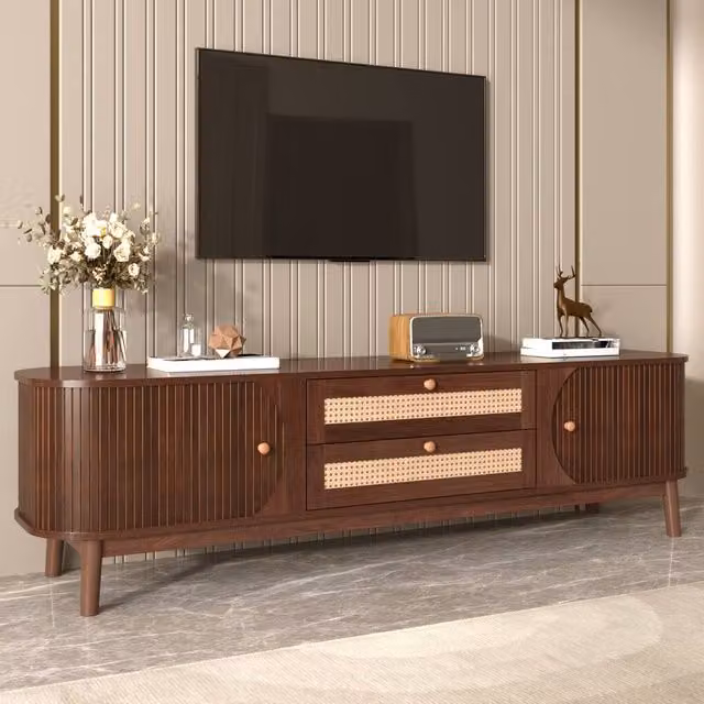 BTM Walnut TV Cabinet in Dark Brown with Rattan Drawers and Doors, Country Style, W/D/H: 170.0 x 39.5 x 46.0 cm – 1