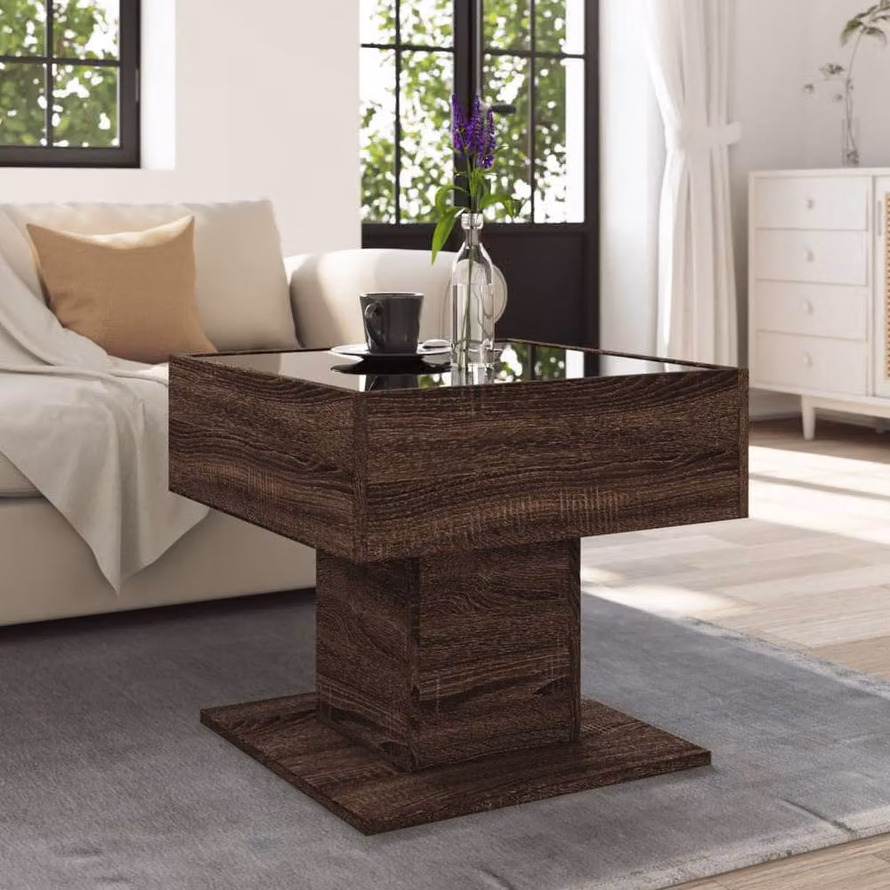 Berkfield Home Modern Square Coffee Table in Brown Oak with LED, W/D/H: 50 x 50 x 45 cm – 2