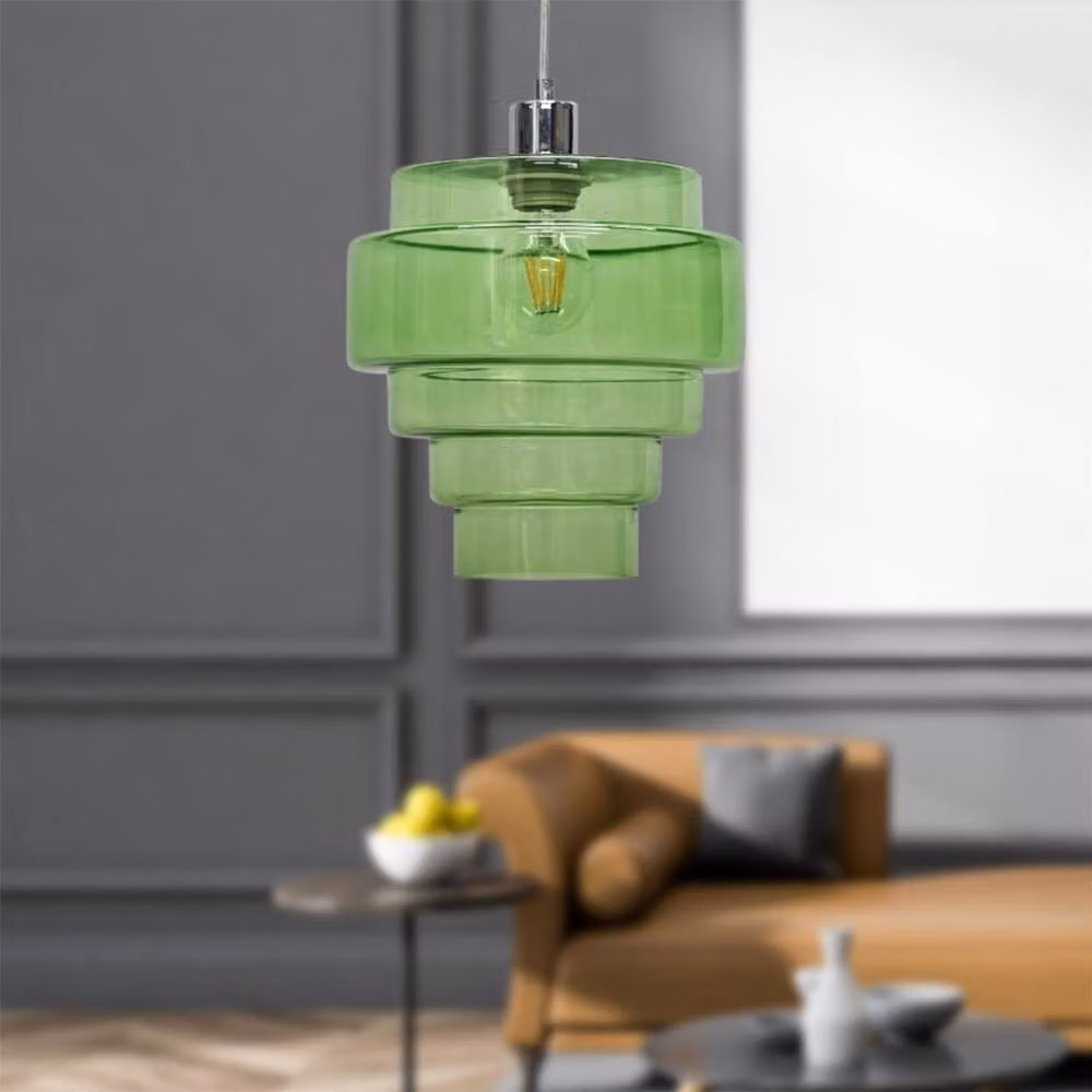 First Choice Lighting Benson Set of 2 Green Glass and Chrome 5 Tier Ceiling Pendant Lights – 2