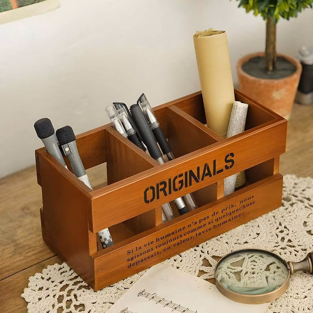 EONLION A Multi-Compartment Wooden Desktop Pen and Pencil Holder in Brown – 3