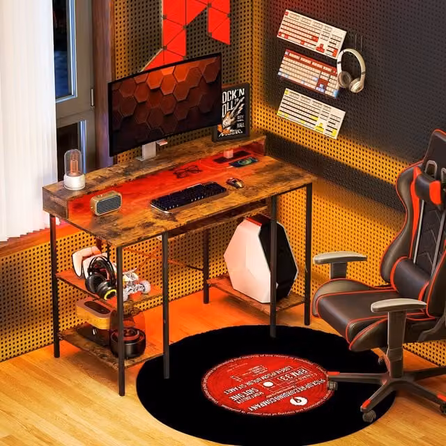 HOMCOM Industrial Computer Desk with LED Lights and Power Outlet in Brown