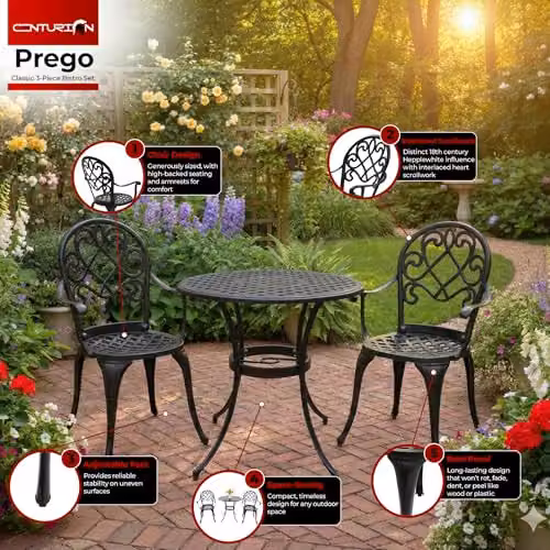 Centurion Supports PREGO 3-Piece Classic Garden Bistro Set in Black Metal with Powder-Coated Finish – 4