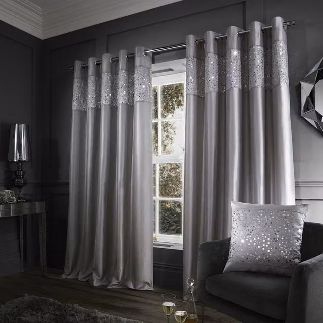 Catherine Lansfield Glitzy Grey and Silver Eyelet Curtains
