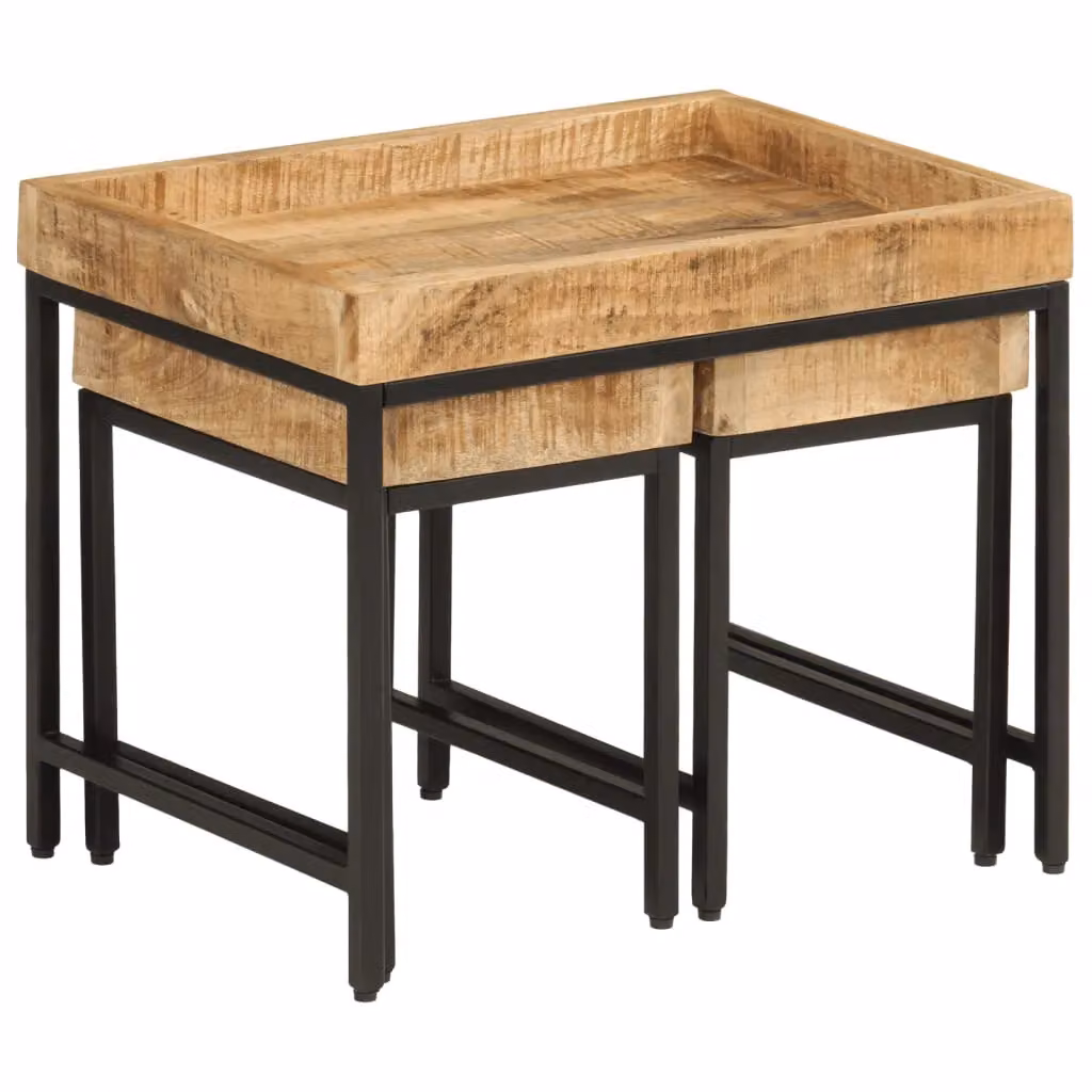 Berkfield Home Set of 3 Nesting Coffee Tables in Brown Solid Rough Mango Wood and Iron – 2