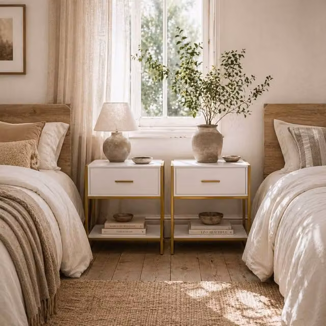 Wyld Haus Niva White and Gold Bedside Tables Set of 2 with Drawer and Shelf W/D/H: 40 x 45 x 60 cm