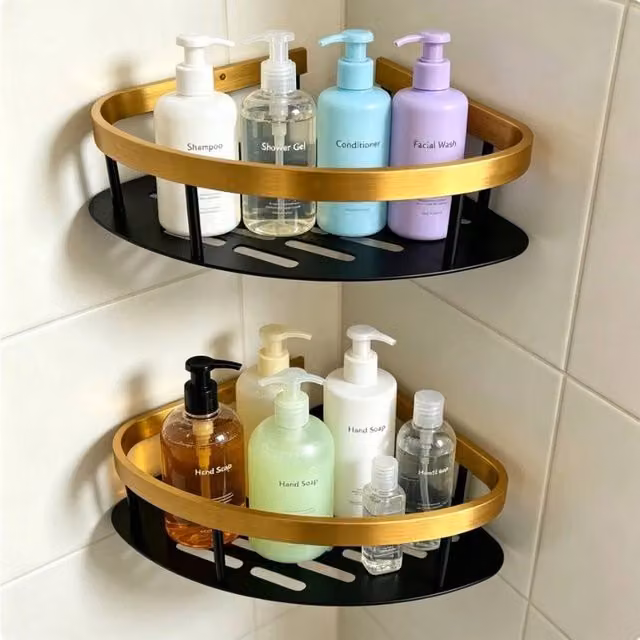 Nordara 2-Piece Aluminium Bathroom Corner Shower Caddy Mount in Black and Silver