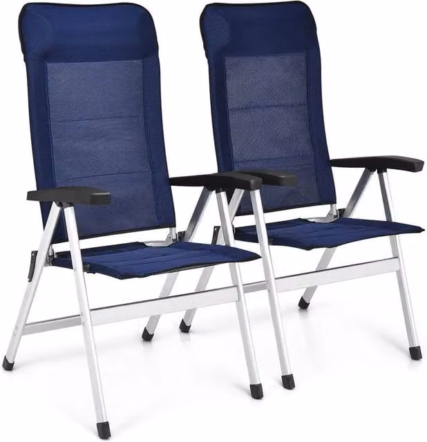 Kelvenix 2-Piece Set of Blue Folding Patio Chairs with Armrests and 7-Position Angle Adjustment
