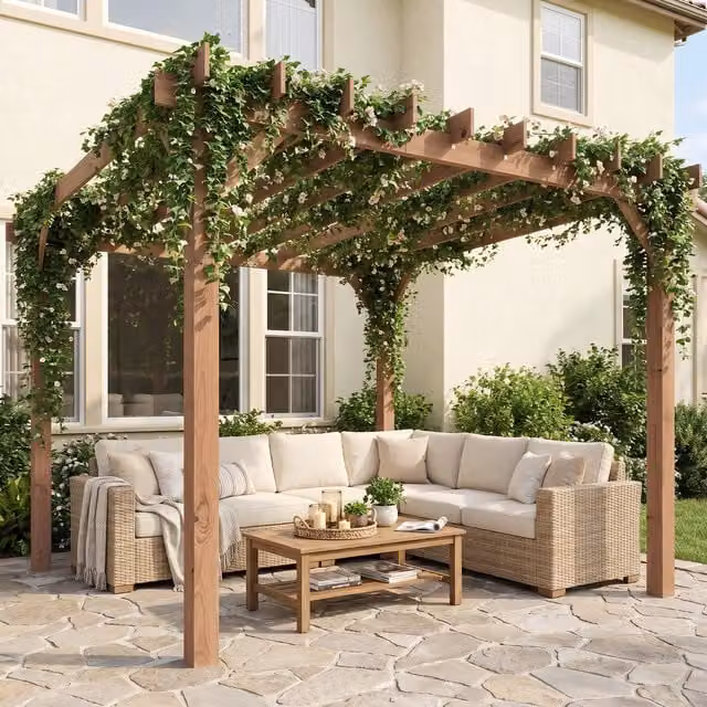 Outsunny Wooden Pergola Gazebo with Grape Trellis in Brown Maple Wood-effect