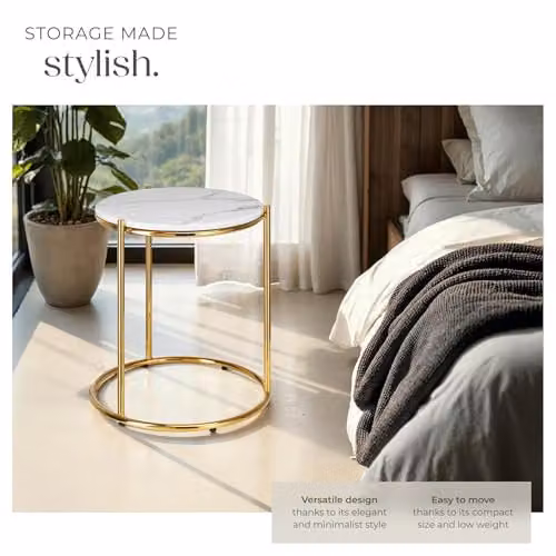 tectake Ellsa Round Marble Look Side Table in White and Gold, W/D/H: 50.5 x 50.5 x 43 cm – 4