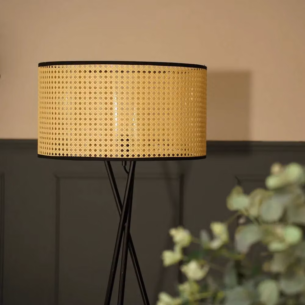 ValueLights Camden Black Tripod Floor Lamp with Rattan Cylinder Shade and Bulb – 2