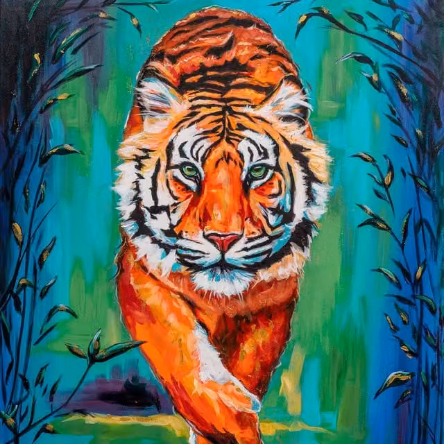 Wright Art Studio Wisdom Tiger Animal Art Print Wrapped on Canvas in Multi-Coloured and Blue