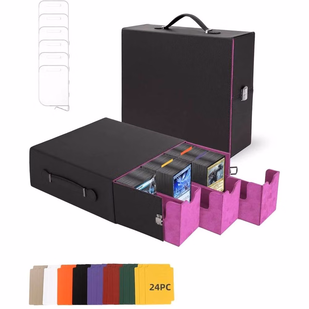 NESTLUNE Black and Purple Leather Trading Card Deck Storage Box with Handle for 2400+ Cards – 3