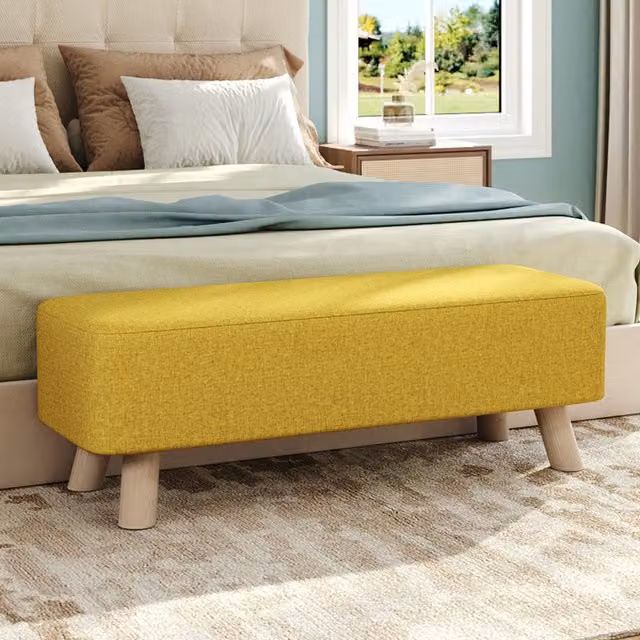 Komore Rectangular Fabric Footstool with Pine Wood Legs in Yellow