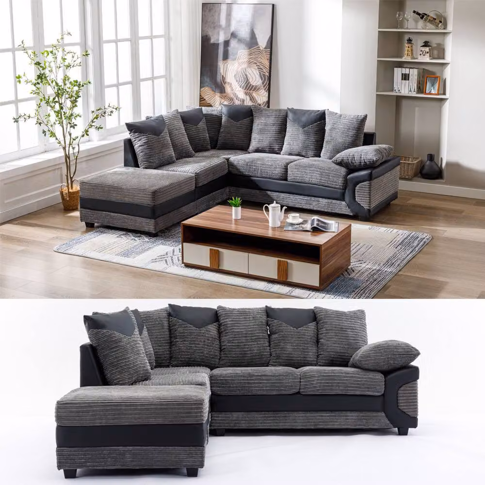 SquareBoxx Luca Grey Jumbo Cord Corner Sofa with Left Chaise and Black Leather Trim – 4