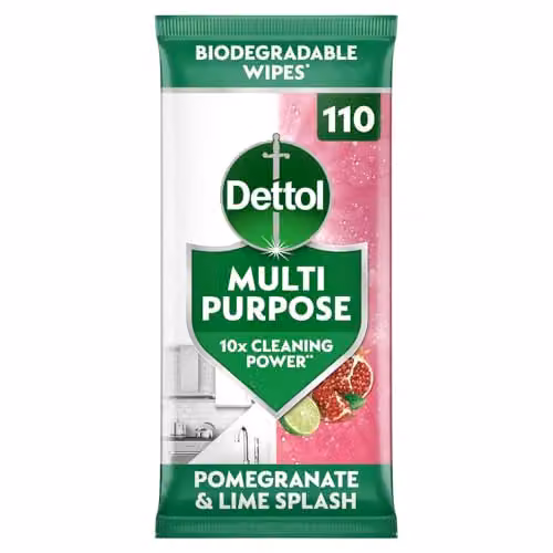 Dettol Antibacterial Multipurpose Cleaning Biodegradable Wipes, Pomegranate and Lime, 110 Wipes