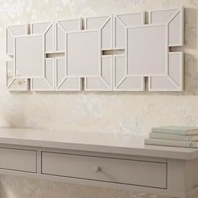 DEENZ Set of 3 Art Deco Geometric Wall Mirrors in White, 25 x 25 cm