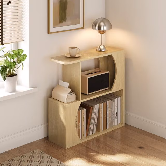 Yaheetech Narrow Sofa Side Table with Arched Cut-Out and Shelves in Oak