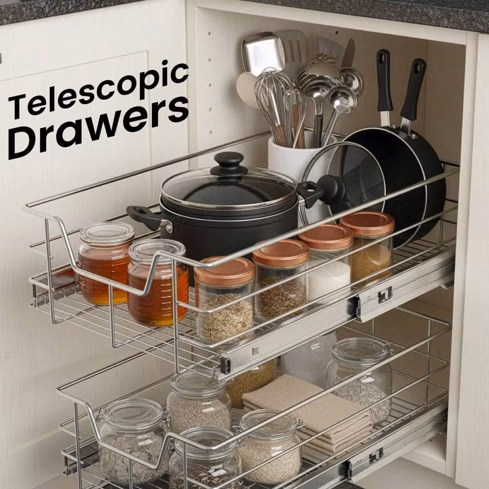 VOGREX Silver Metal Pull-Out Telescopic Kitchen Basket Drawer, W: 40.0 cm, D: 80.0 cm, H: 14.0 cm – 2