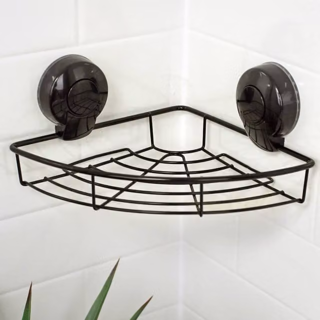 Showerdrape Suctionloc Black Wall Mounted Corner Basket and Mounting Discs