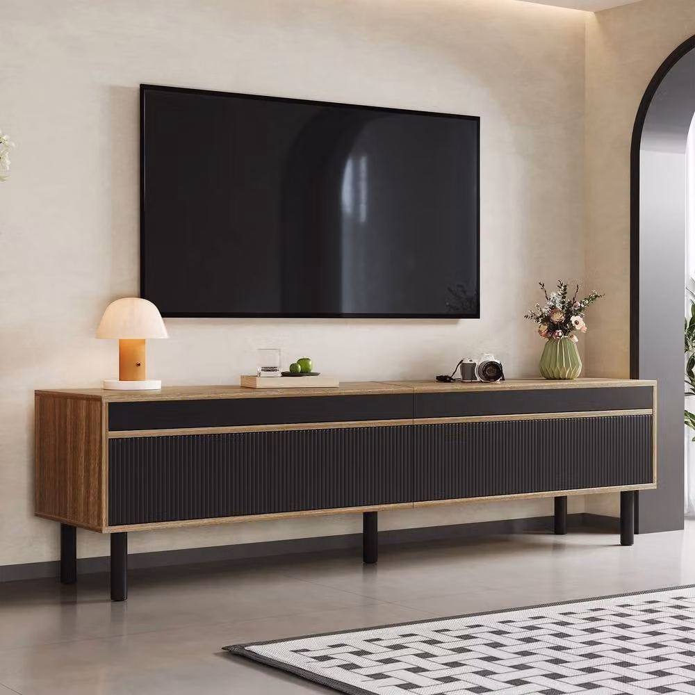 ModernLuxe Black Wood Texture TV Cabinet with 4 Doors, W: 170 cm, D: 38 cm, H: 47 cm – 2