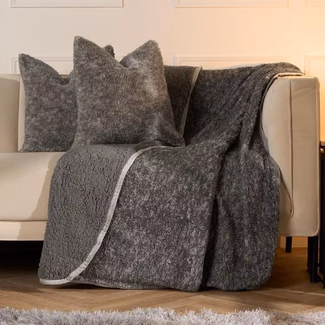 OHS Grey Teddy Marl Fleece Textured Square Cushion Covers