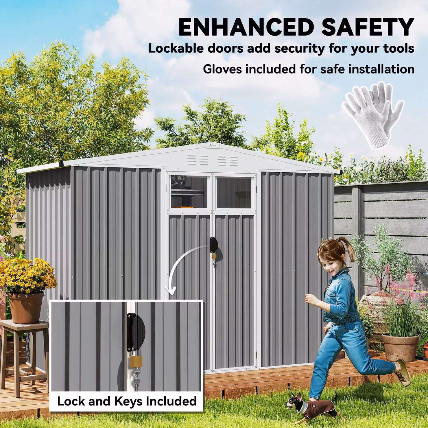 OUTSUNNY Light Grey Galvanised Steel Garden Storage Shed with Double Doors, Window and Side Vent, W/D/H: 243.84 x 121.92 x 180 cm – 5