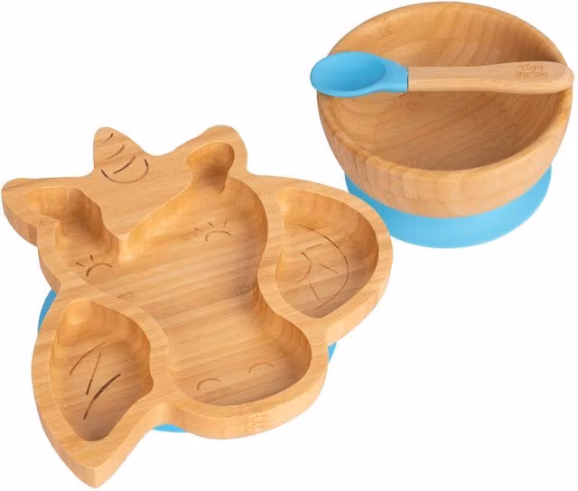 Tiny Dining Blue Bamboo and Silicone Suction Unicorn Dinner Set for Babies
