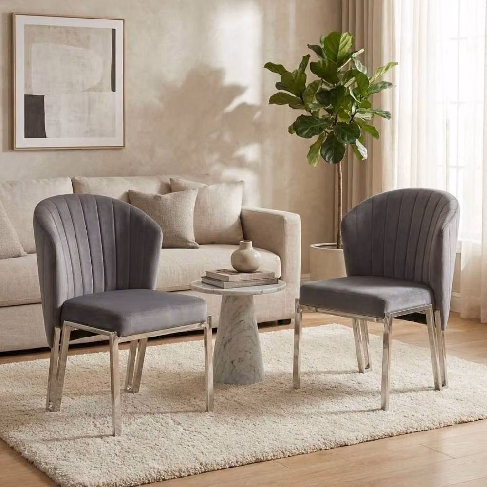 HOME LUXE INTERIOR Set of 2 Fabio Grey Velvet Dining Chairs with Modern Silver Metal Frame – 2