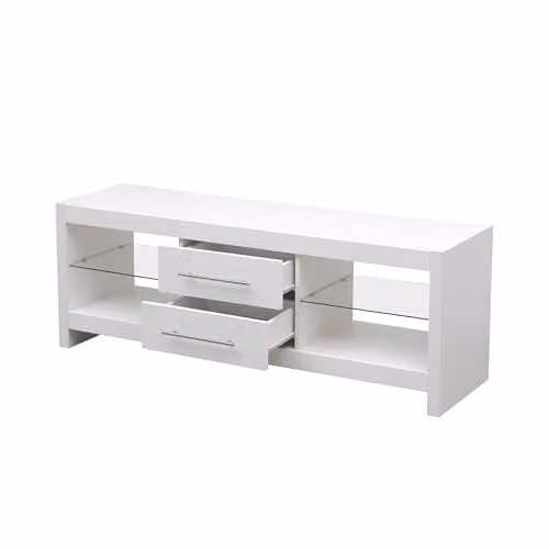MMT Furniture Designs Ltd Modern White Gloss TV Stand with LED Lights and Glass Shelves, W/D/H: 140 x 40 x 50 cm – 1