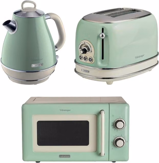 Ariete Vintage Green Stainless Steel Jug Kettle 1.7L and 2 Slice Toaster Microwave Set