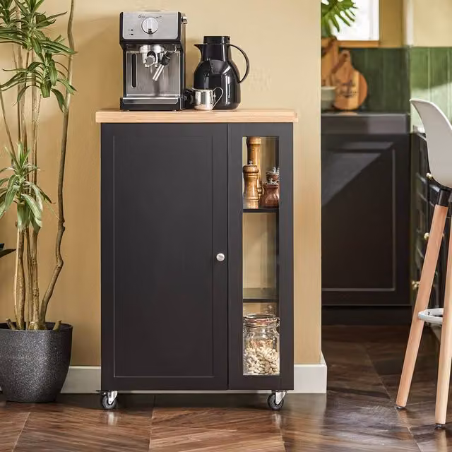 SoBuy Compact Kitchen Trolley in Black with Wood-Effect Top and Hinged Doors