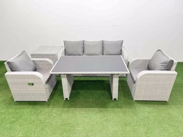 Fimous 5-Seater Outdoor Rattan Garden Furniture Dining Set with Side Table in Light Grey