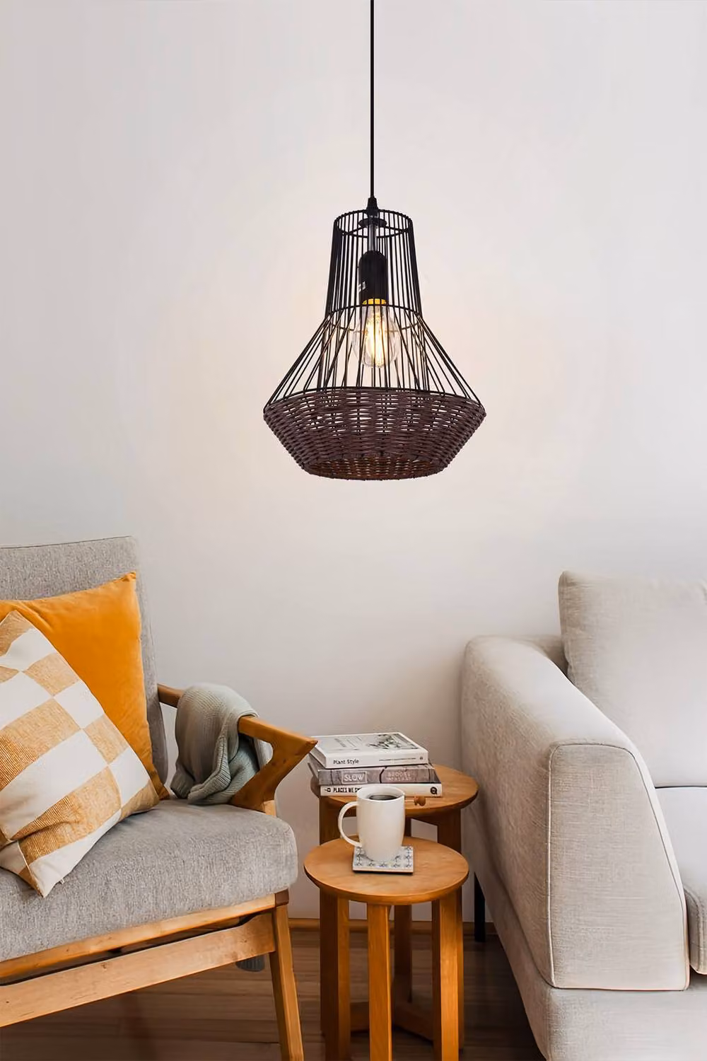 Living and Home Geometric Rattan and Metal Pendant Light in Brown – 3