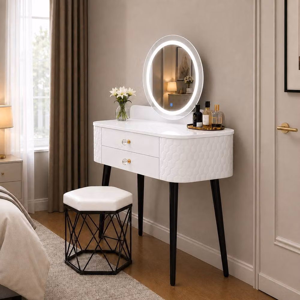 MN Furniture Modern White Dressing Table with LED Mirror and Storage Drawer, W: 60 cm, D: 40 cm, H: 127 cm – 2