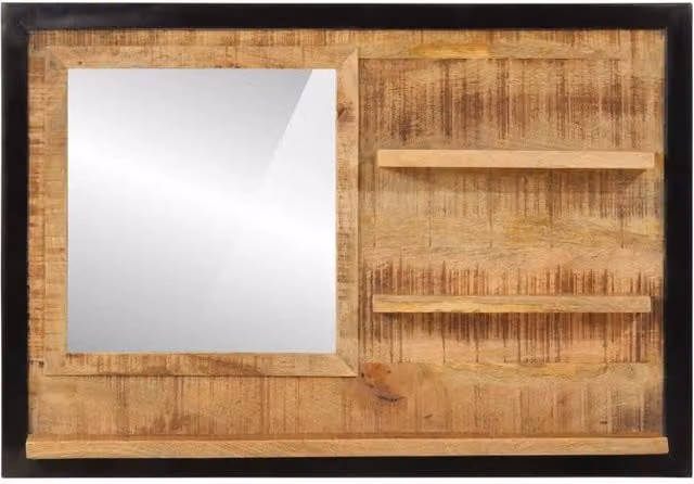 Berkfield Home Wall Mirror with Shelves in Brown Solid Wood and Glass, W: 80 cm, D: 8 cm, H: 55 cm – 1