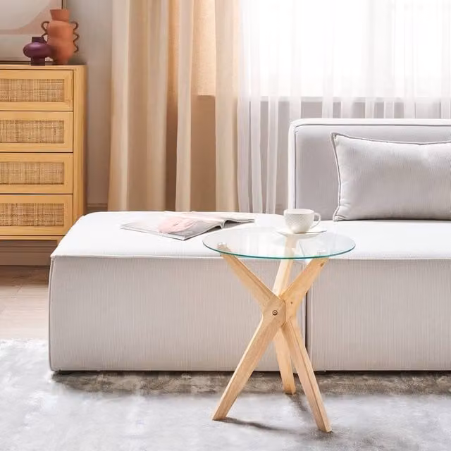 Wyld and Coco Round End Table with Transparent Tempered Glass Top and Rubberwood Legs, Diameter: 45 cm – 1