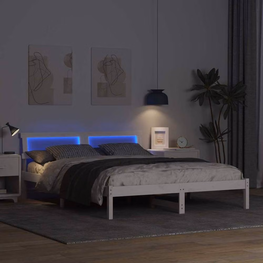 Berkfield Home White Pine Wood Bed with LED Strip Lights, Headboard and Lift Up Base, W/D/H: 160 x 200 cm – 3